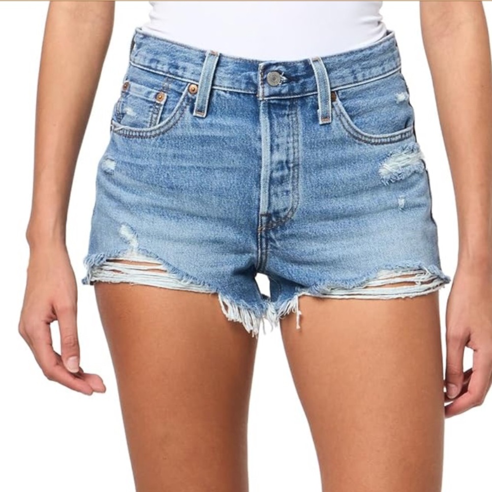 Levi's Light Blue Frayed High-Rise Denim Shorts